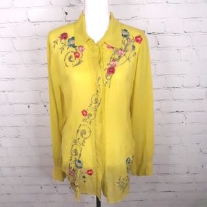 JOHNNY WAS Wmns Chartreuse Embroidered Shirt XL